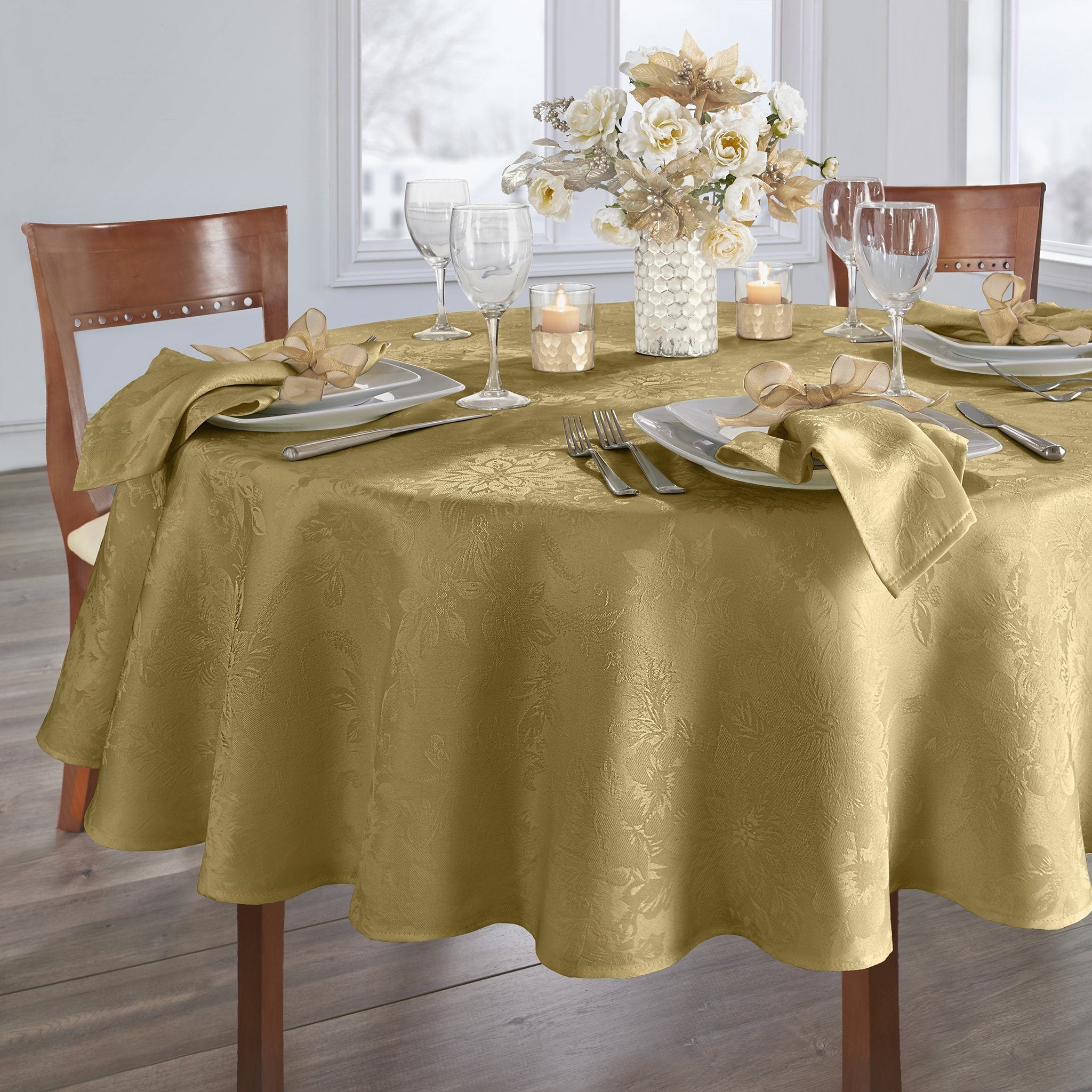 Elrene Home Fashions Poinsettia Elegance Jacquard Holiday Tablecloth