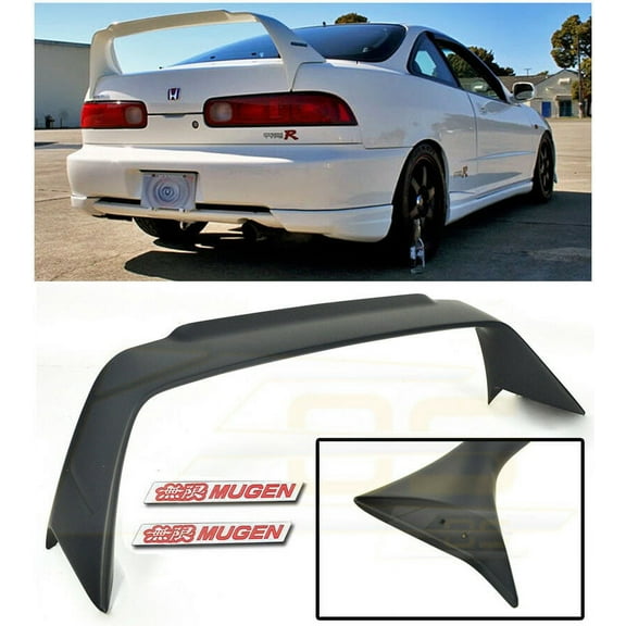 Extreme Online Store Replacement for 1994-2001 Acura Integra DC2 | Mugen Gen 1 Style ABS Plastic Primer Black Rear Trunk Lid Wing Spoiler with Mugen Red Emblem Pair