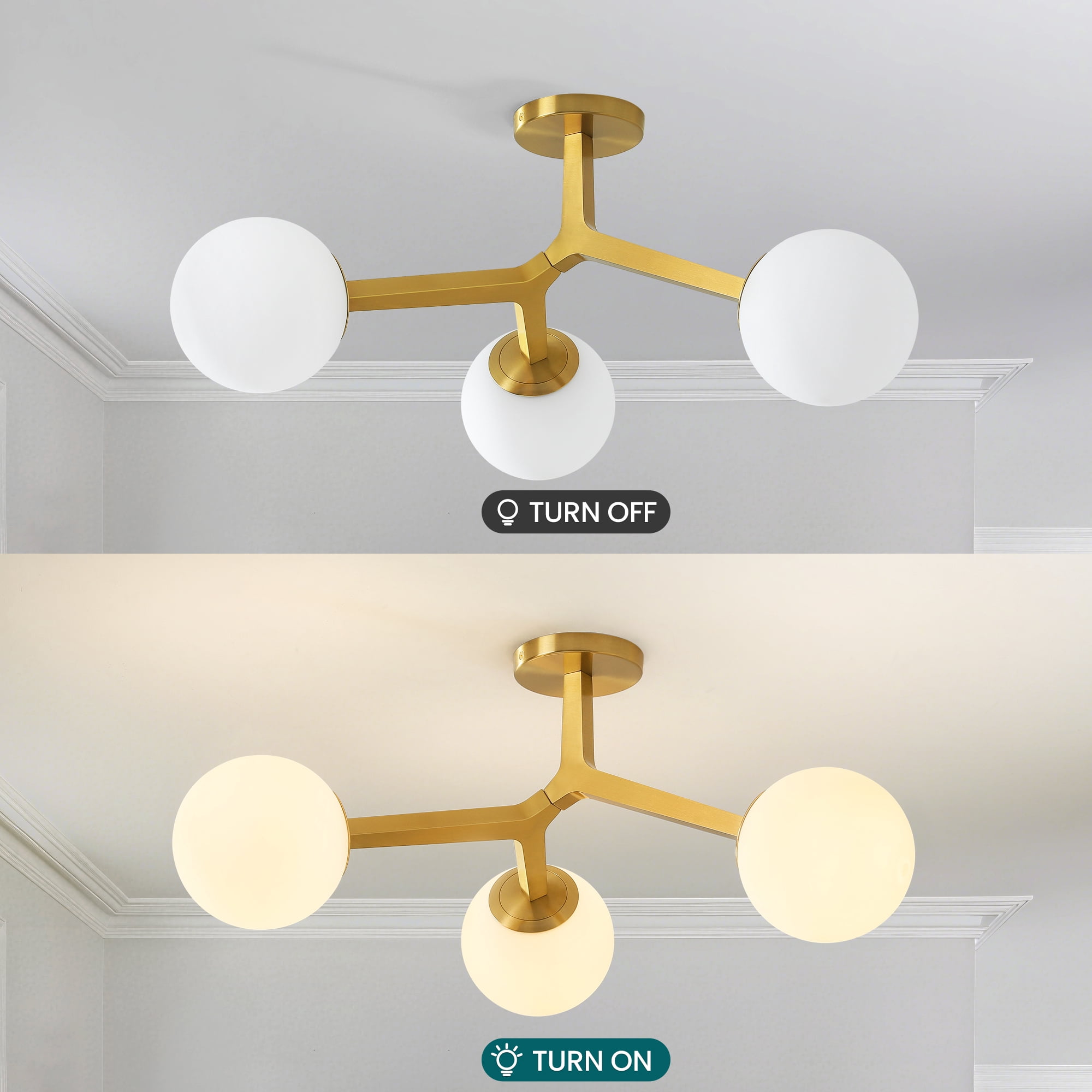 3-Light Gold Modern Chandelier Glass Semi Flush Mount Ceiling Light with Globe Milky Frosted Glass Shade E12 Sputnik Ceiling Light for Kitchen Hallway Light Fixture