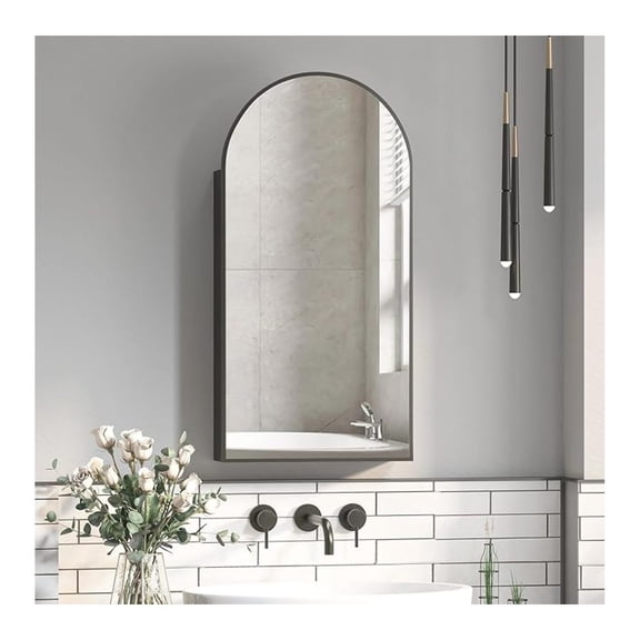 Black Arched Medicine Cabinet with Mirror, 16x31Inch, Bathroom, Modern Style, 3 Glass Shelves, Wall Mount