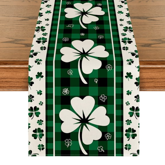 Sm:)e Green Shamrock St. Patrick's Day Table Runner Buffalo Plaid 13 x 72 Inch, Home Kitchen Seasonal Decoration Holiday Table Decor