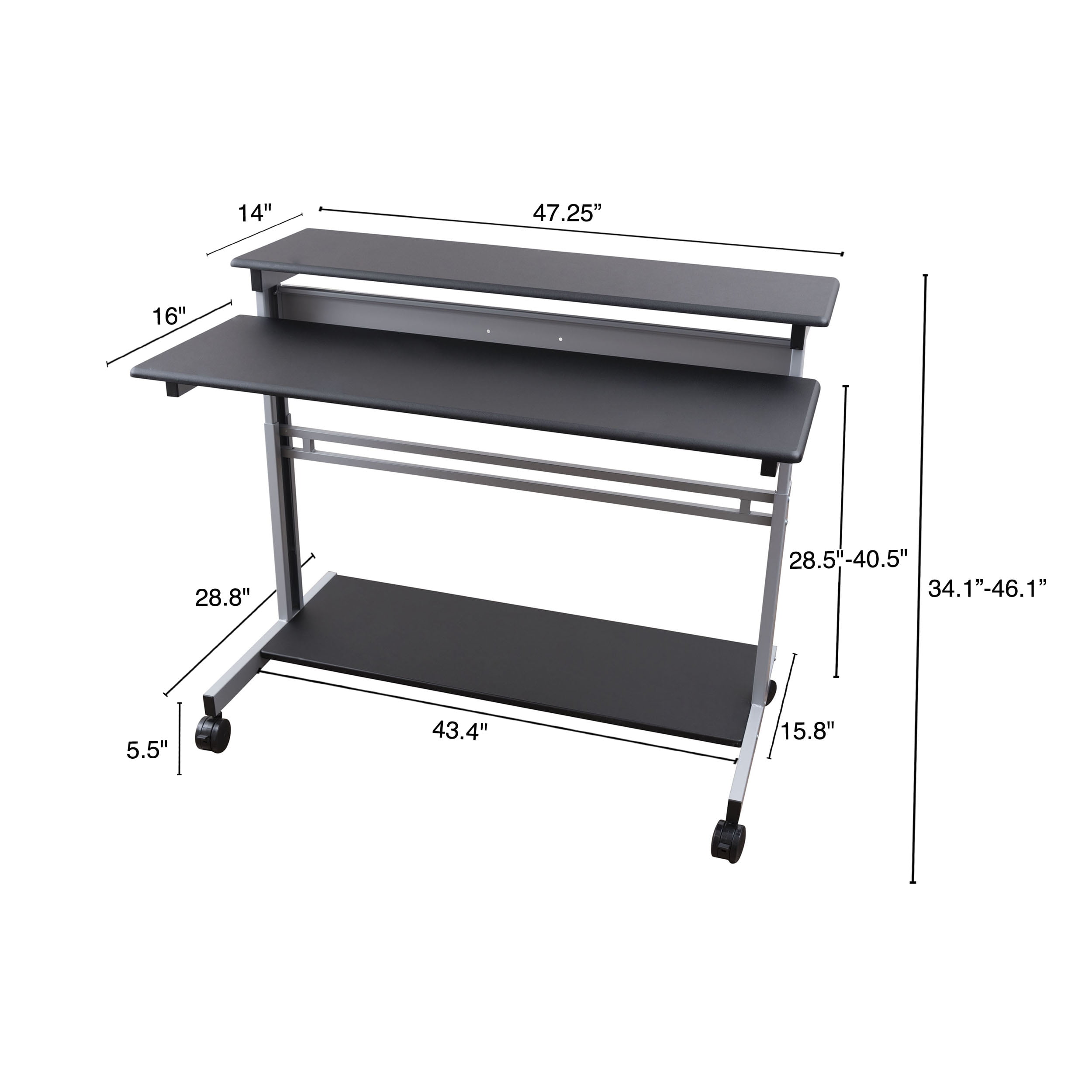Stand Up Desk Store Rolling Adjustable Height Two Tier Standing Desk Computer Workstation (Silver Frame/Black Top, 48