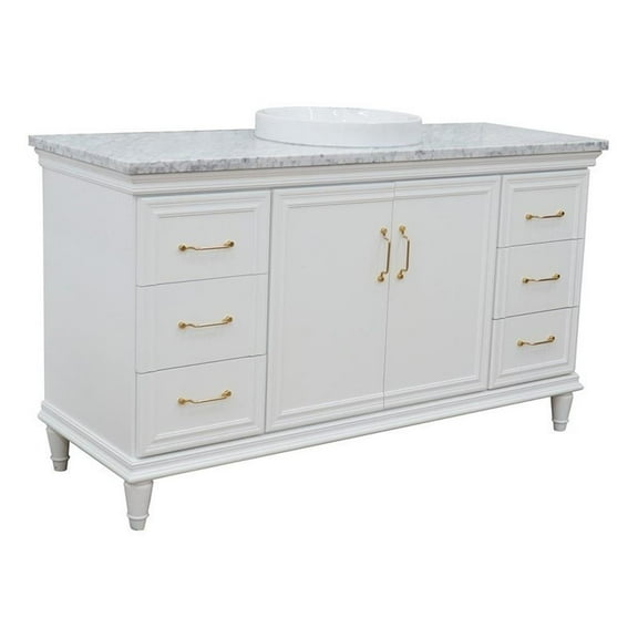 61 in. Single Wooden Vanity  White with White Carrara Rectangle Sink