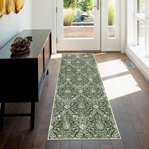 2x6 ft Washable Runner Rug Vintage Medallion Hallway Carpet Low Pile Non Slip Floor Rug Foldable Indoor Carpet for Entryway Bedroom Kitchen, green