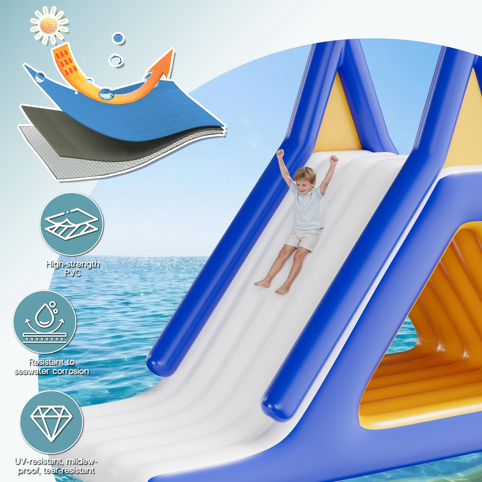 Jocisland 15L×10W×11H ft Commercial Inflatable Water Slide with Climbing Handle, White & Blue & Yellow, Outdoor Waterfall Slide for Adults & Kids