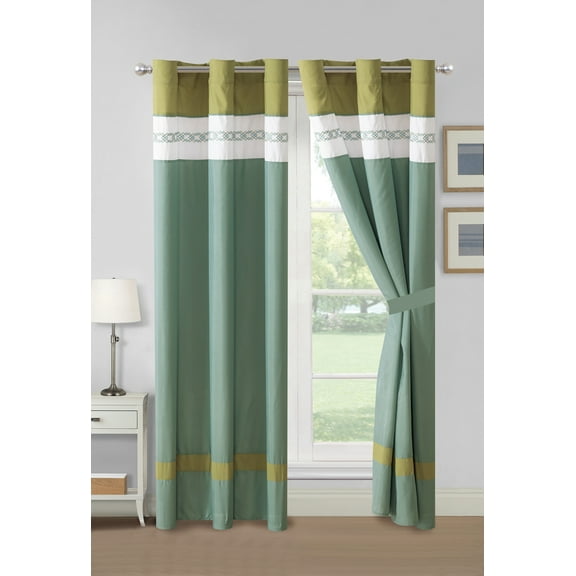 4-Pc Alexis Embroidery Diamond Geometric Curtain Set Sea Green Sage White Blue Valance Drape Sheer Liner
