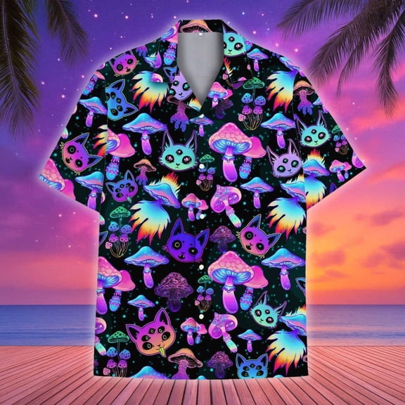 Mushroom Neon Hawaiian Shirt, Alien Cat Aloha Shirt, Summer Vacation Shirt, Vibrant Button Shirt
