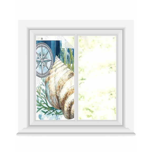 Window Privacy Film Nautical Compass Stained Glass Window Film Decorative Sun Block Window Cover Coastal Ocean Shell Seaweed Window Clings Static Adhesive Sticker for Bathroom 17.7"x39.3"
