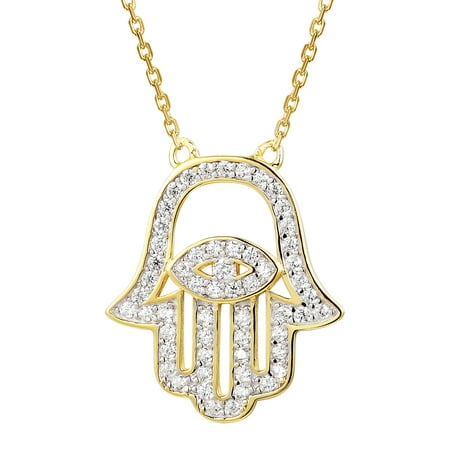Hamsa Hand Evil Eye Pendant 14k Gold Finish Solitaire Iced Out 925 Silver Necklace