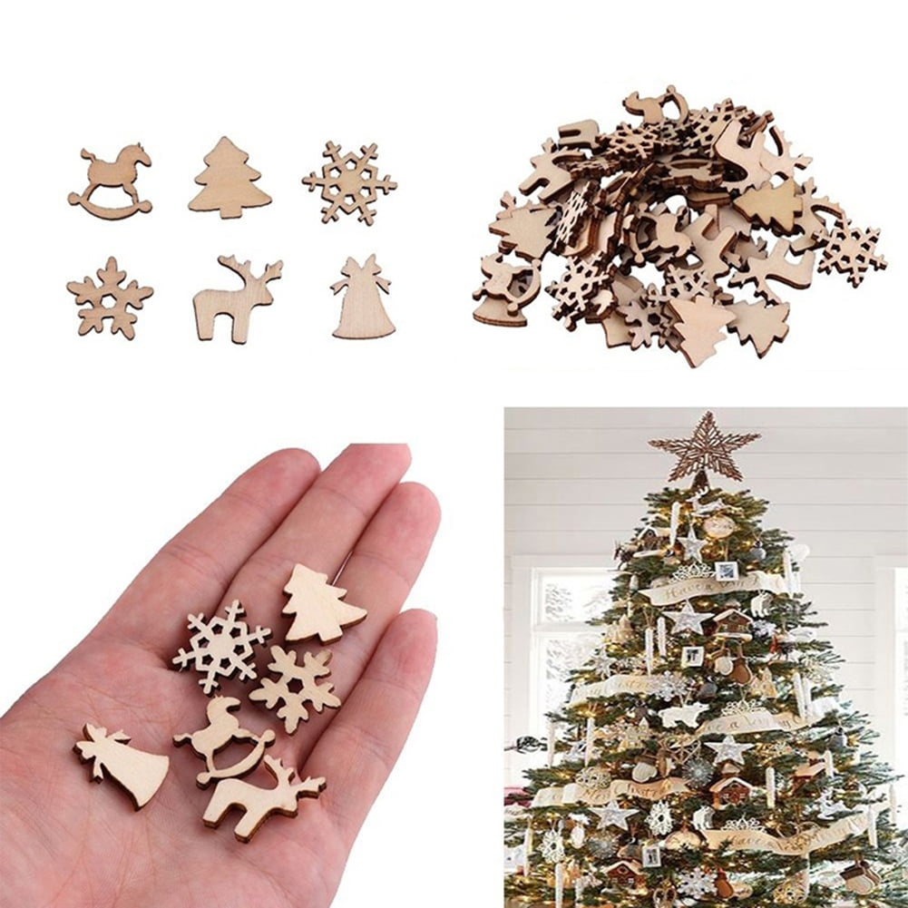 Elk Comes with Natural Twine for Christmas Tree Decoration DIY Crafts Snowman Small Bell Wooden Christmas Ornaments Christmas Stockings 50Pcs Unfinished Wooden Ornaments Snowflakes