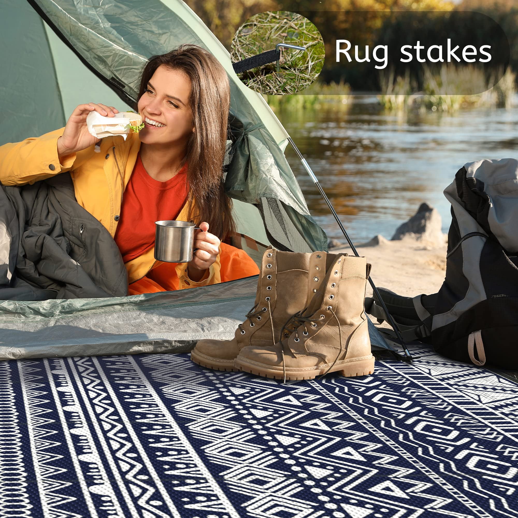 DEORAB Outdoor Rugs Waterproof Plastic Straw Mat 6'x9' Reversible for RV Patio Deck Beach Blue & White