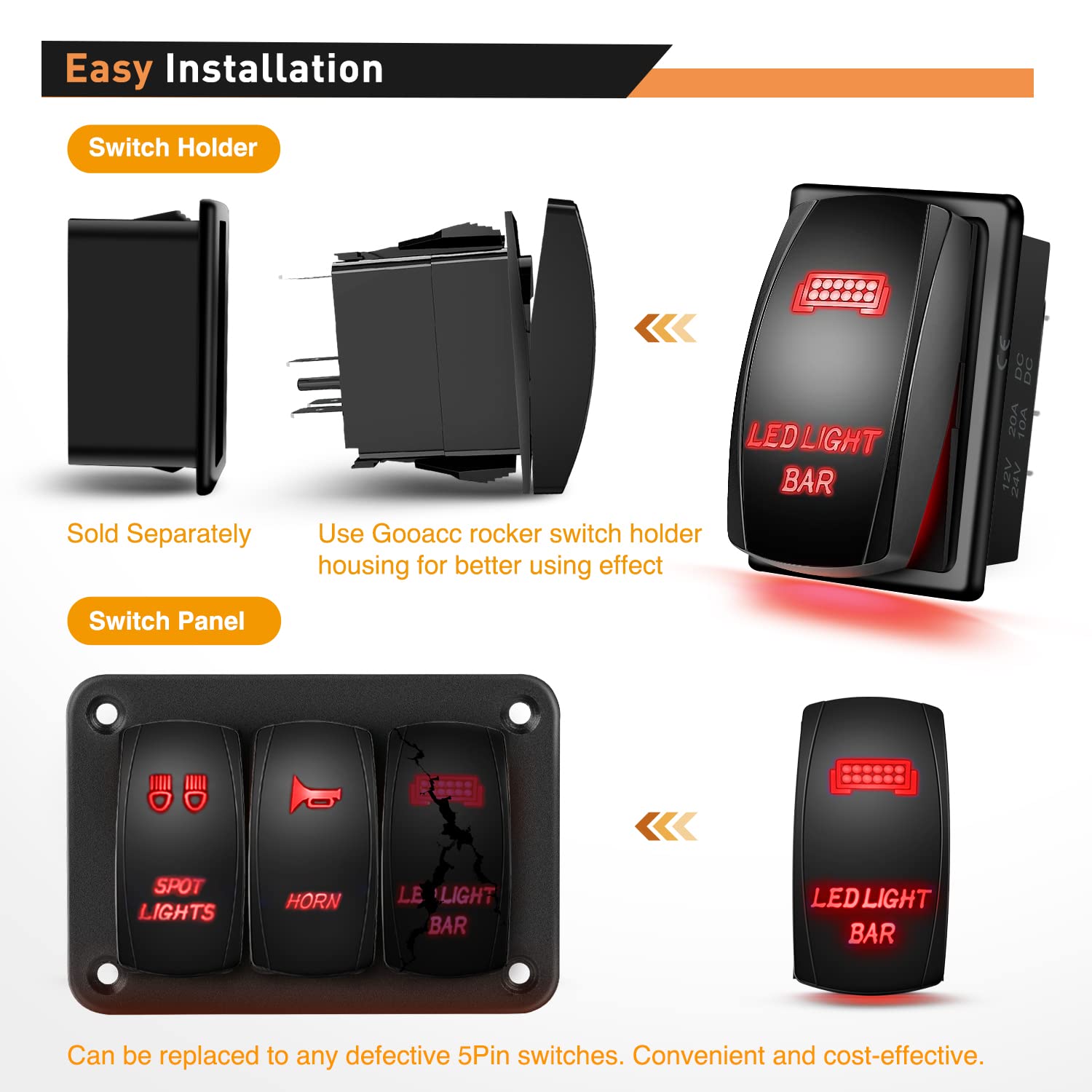 Waywe 2 Gang Rocker Switch Panel LED Light Bar Switch Rear Lights Switch 12 24V DC Red Switches 5Pin ON Off Pre-Wired Toggle Switch Panel for Cars ATVs UTVs