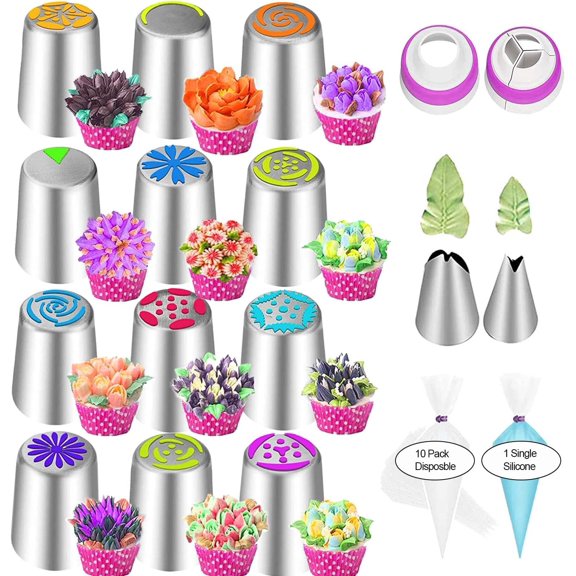 27pcs Russian Decorating Nozzle Set (12 Decorating Nozzles   11 Decorating Bags) Cake/Cupcake Decorating Baking Tools