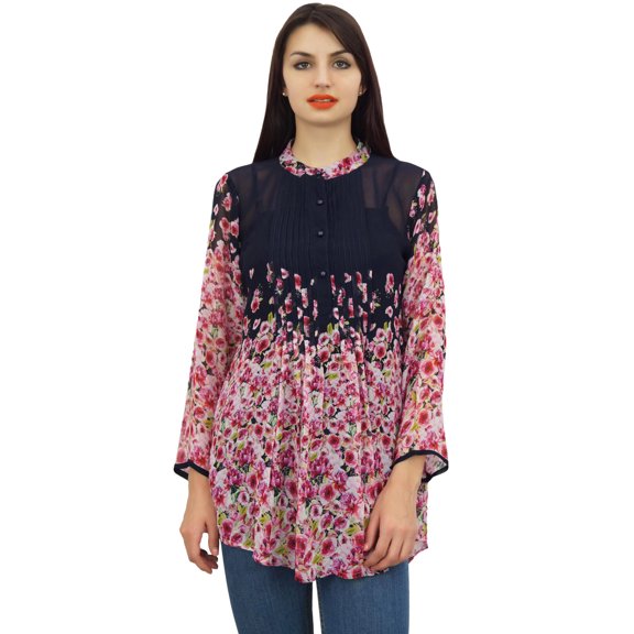Phagun Women's Blue Digital Floral Printed Full Sleeve Pintuck Casual Tunic-8