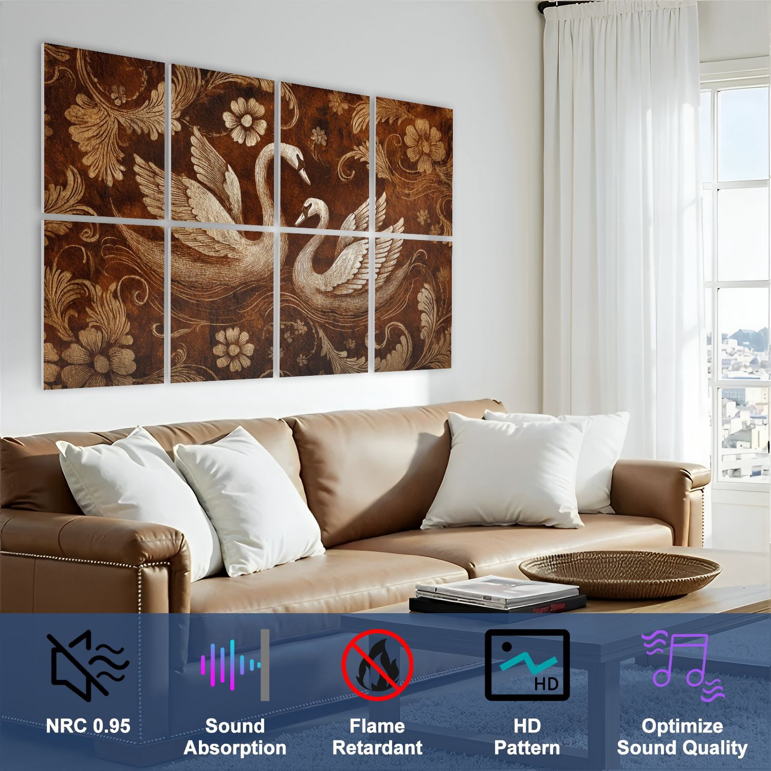 8 Pack Art Acoustic Panels Sound Absorbing Vintage Textured Romantic Swan Couple Victorian Framed Swan Art Decorative Soundproof Wall Panels Self Adhesive for Studio Home Office 48"x32"
