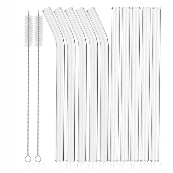 Reusable Transparent Curved Glass Straws, 10 Mixed Straws 2 Straw Cleaning Brushes, 7 Inches X 8 Millimeters, Suitable For Juice, Coffee, Cocktails, Smoothies