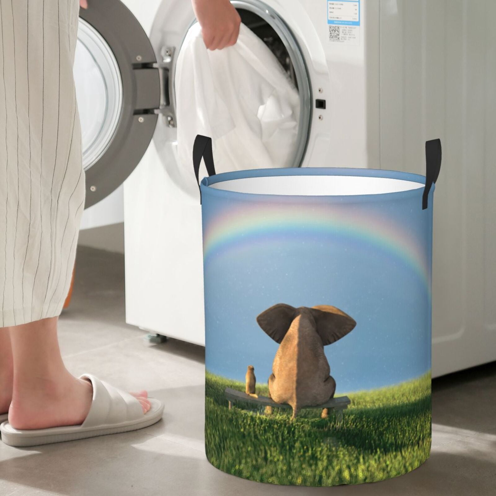 Large Laundry Basket with Handles - Elephant Dog Sitting Under The Rainbow Kids Baby Dirty Clothes Laundry Hamper for Bedroom Aesthetic