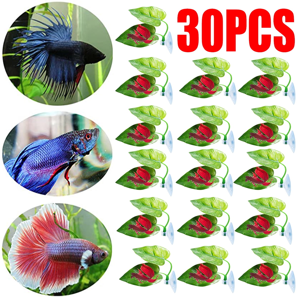 30PCS Fish Leaf Pad Hammock Betta Toy Plastic Aqua Plant With Sucker