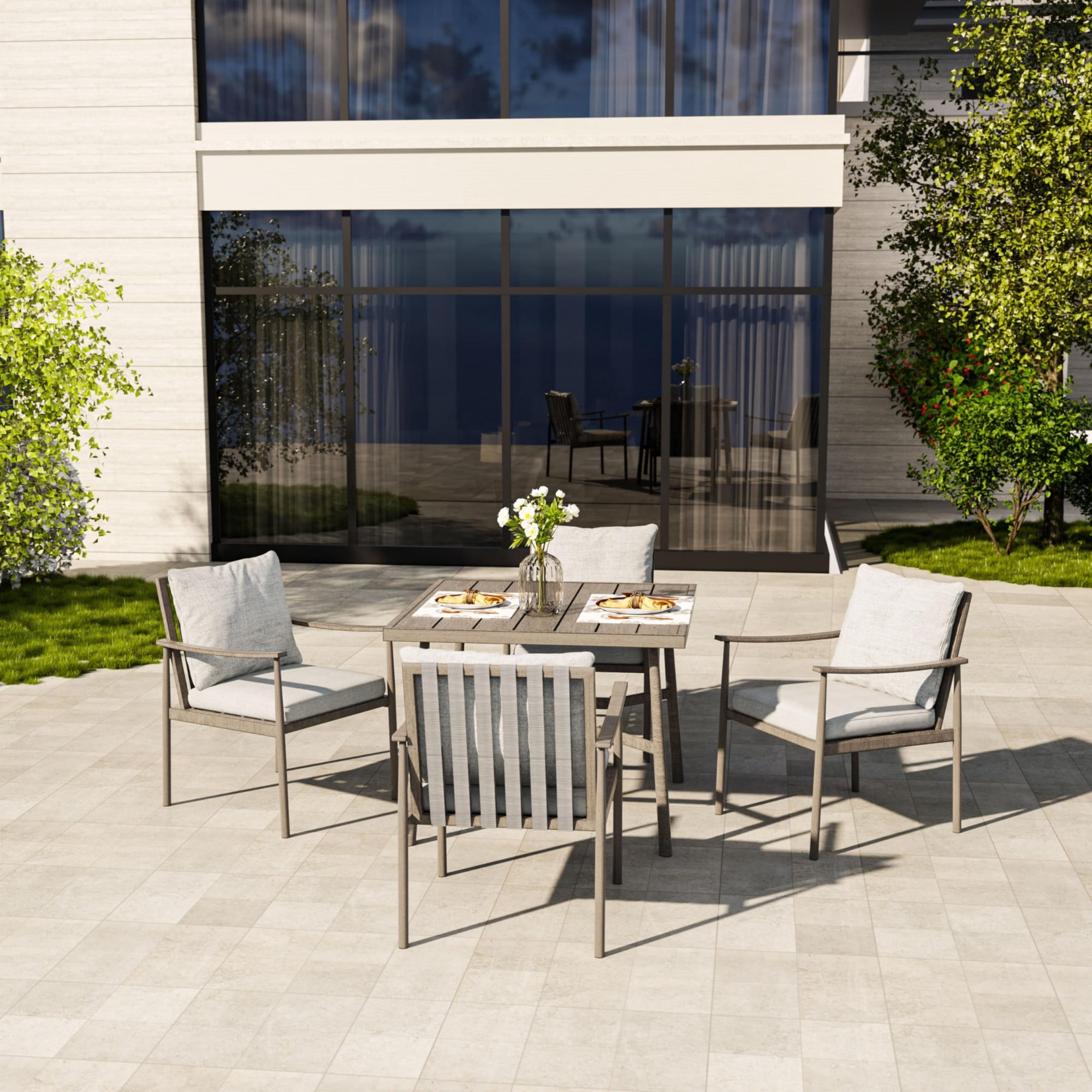 Outdoor Dining Chairs Set of 4, Aluminum Patio Chairs with Cushions, Rope Backrest Ergonomic Armrest Dining Chairs for Backyard Porch Pool, Brown/Blue