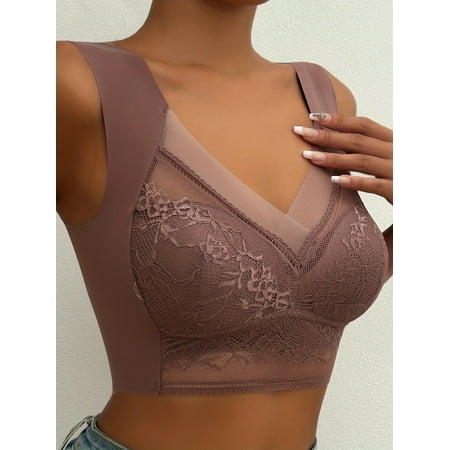 Women Lady Lace Gathered Bra  Plus Size Sports Bra  Underwear Yoga Hollow Out Bra Cup  Comfortable Seamless  Supportive for Workout  Fashionable Design  For Fitness  Exercise  Leisure | Brown M