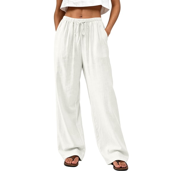 Women's Boho Wide Leg Linen Pants Drawstring Waist Casual Loose Vacation Trousers, XL