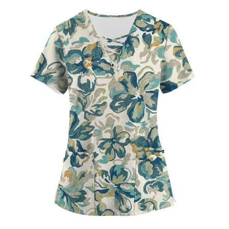 

YDKZYMD Scrub Tops Women Stretchy Summer Printed Plus Size Short Sleeve V Neck with Two Pocket Uniform for Women Green L