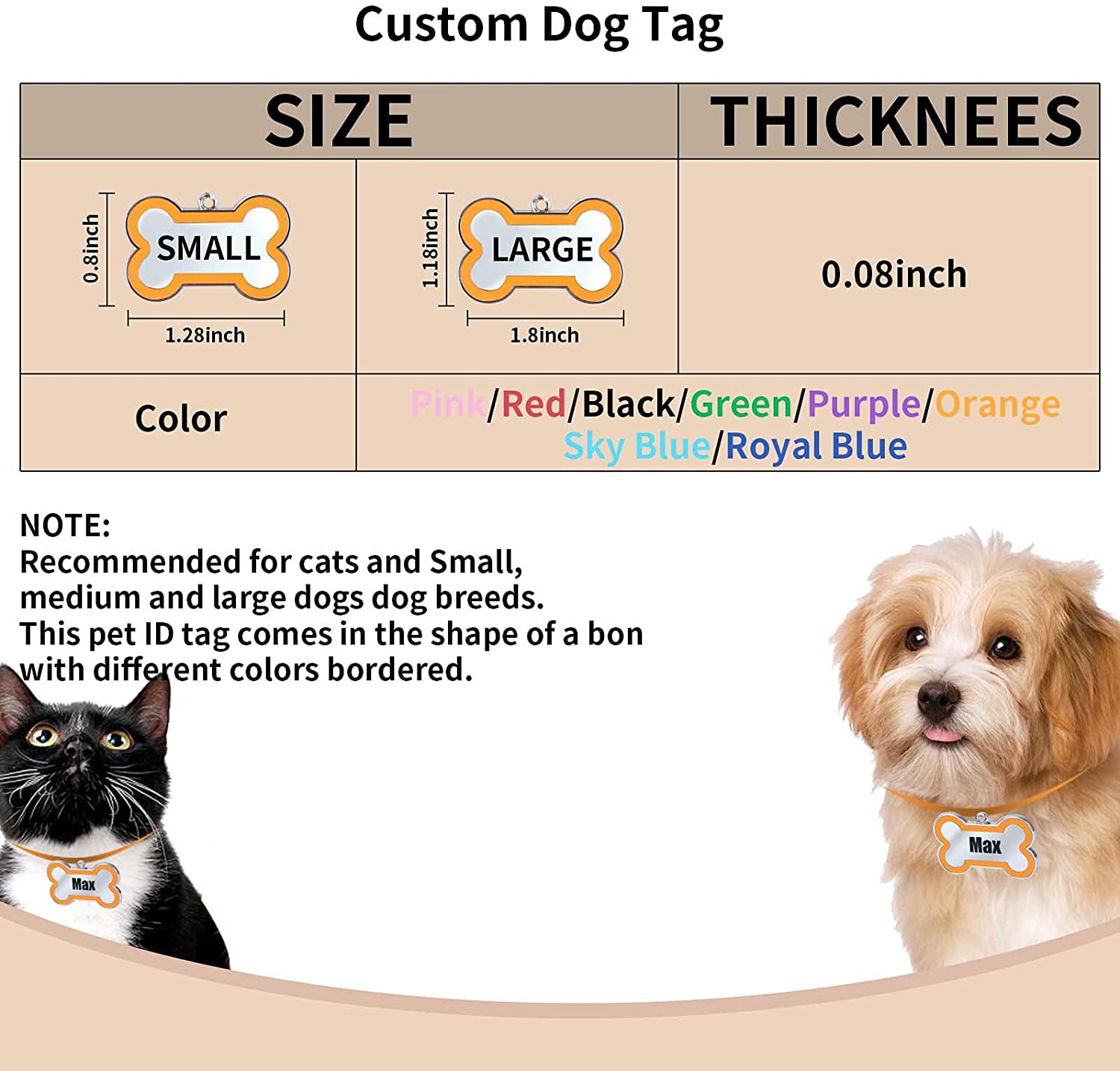 Pet Supplies Dogs Bone Multiple Colors and Shapes Stainless Steel pet  Labels , Multi-Colored Dogs with Custom Labels and cat Labels Up to 8 Lines  of Text: Front and Back Engraving s