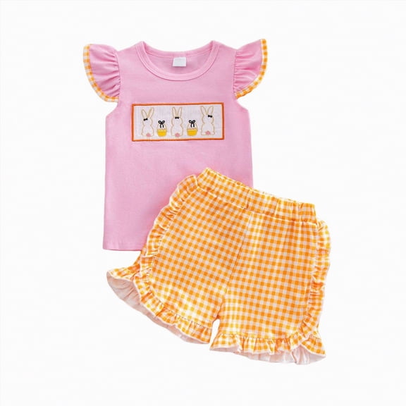 Yindaity Easter Outfits for Toddler Girls Little Girls Easter Outfits Cross Bunny Embroidery Short Sleeve Square Neck Tank Tops Plaid Shorts Set(Red,3-4 Years)