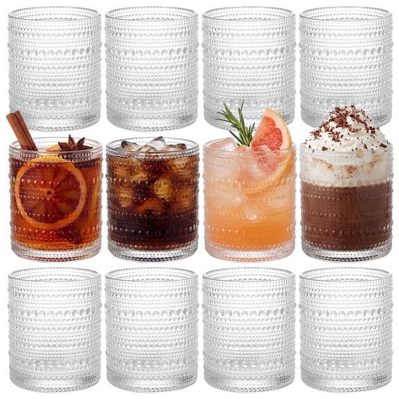 Hobnail Drinking Glasses Set of 12, 10 Oz Clear Embossed Glass Cups