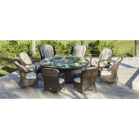 Round Brown 7 Piece Outdoor Patio Furniture Set Dining Set Gas