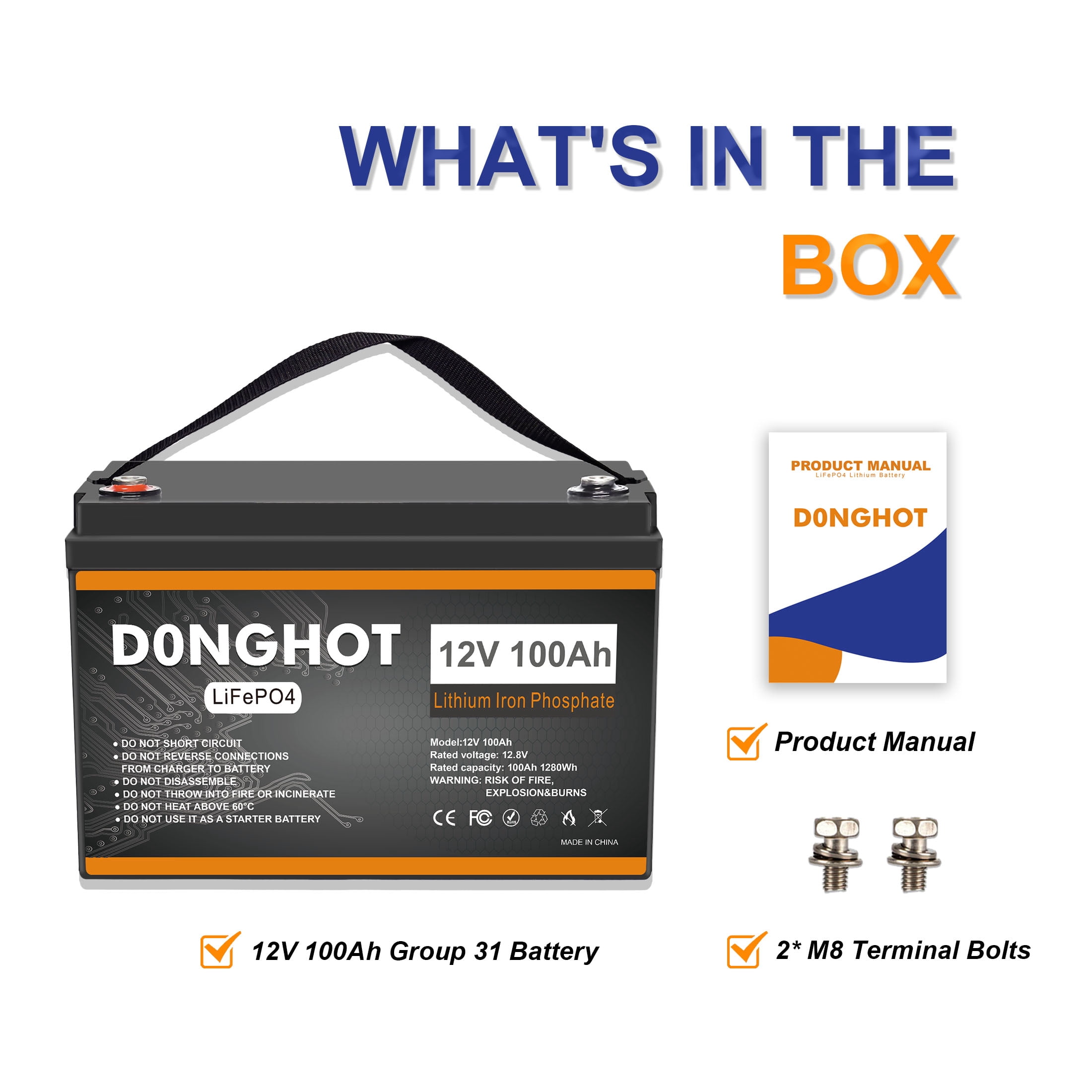 D0NGHOT 100Ah LiFePO4 Lithium Battery for Trolling Motor 12 Volts Deep Cycle Marine Battery for Boat RV