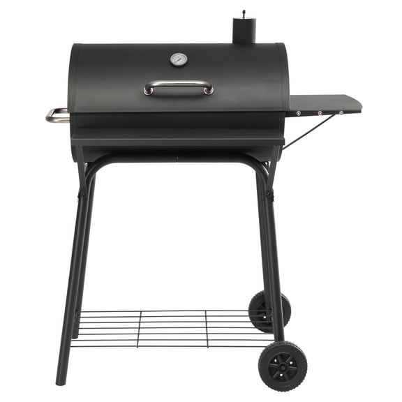 ARGUST Barrel Charcoal Grill with Side Front Table, 571 Sq.In Cooking Space, Outdoor BBQ Grill with Adjustable Fire Grate & Built-in Thermometer, Black for Backyard Patio Parties