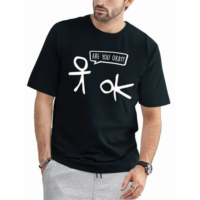 A Men'S Cotton round Neck T-shirt Printed with "Are You Okay?" Pattern, Short Sleeve, Regular Version, Suitable for All Seasons, Cotton, Moderate Stretch Knitted Fabric