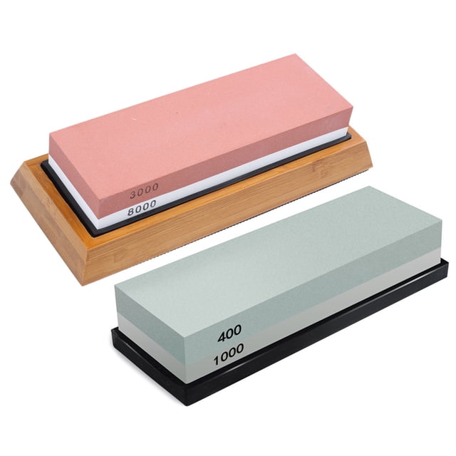 2 Set Sided Whetstone Set:1 Set 3000 and 8000 Grit for Knives with Non-Slip Bamboo Base and Free Angle Guide & 1 Set 400/1000 Grit , Knife Sharpener Rubber Stone Holder Included