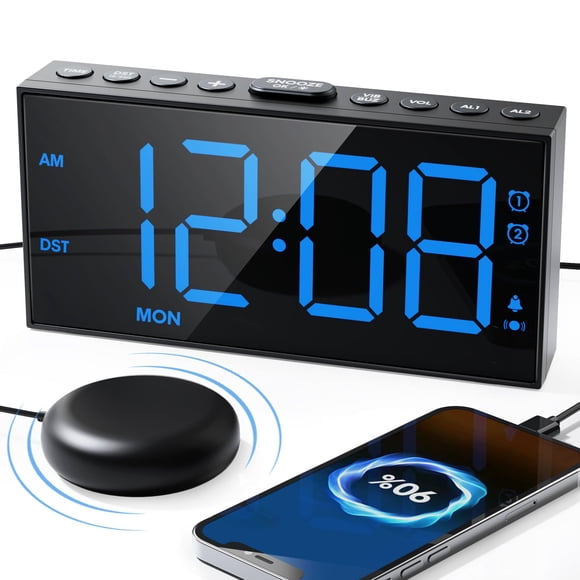 Loud Alarm Clock for Heavy Sleepers Vibrating Alarm Clock with 10000RPM Bed Shaker, 7.5" LED Display, Weekday/Weekend Mode, 5 Volume&dimmer, USB Char