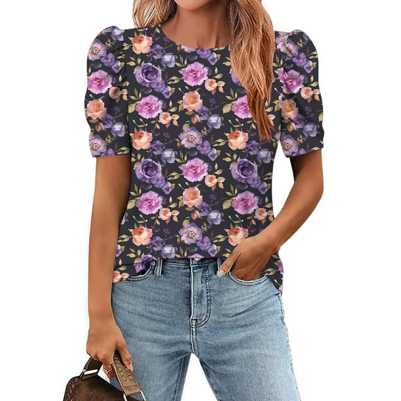 Odbmxy Short Sleeve Women's Blouses Summer Tops for Women Trendy Pleated Daytime Loose Casual Floral Elegant Tops,XXL