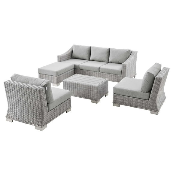 Lounge Sectional Sofa Chair Set, Rattan, Wicker, Grey Gray, Modern Contemporary Urban Design, Outdoor Patio Balcony Cafe Bistro Garden Furniture Hotel Hospitality
