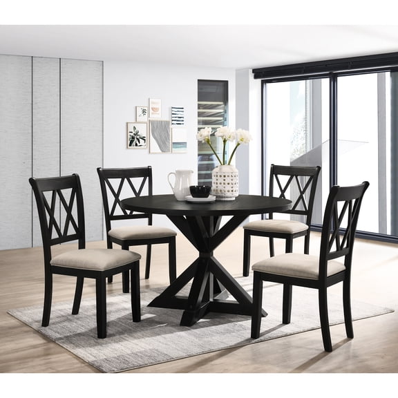 5 Dining In Black Look. Round Table With Base & 4 Chairs. Hardwood. Comfortable Foam Cushioned Seats. For Room. Seats - 5 Pieces. Solid Wood Build.