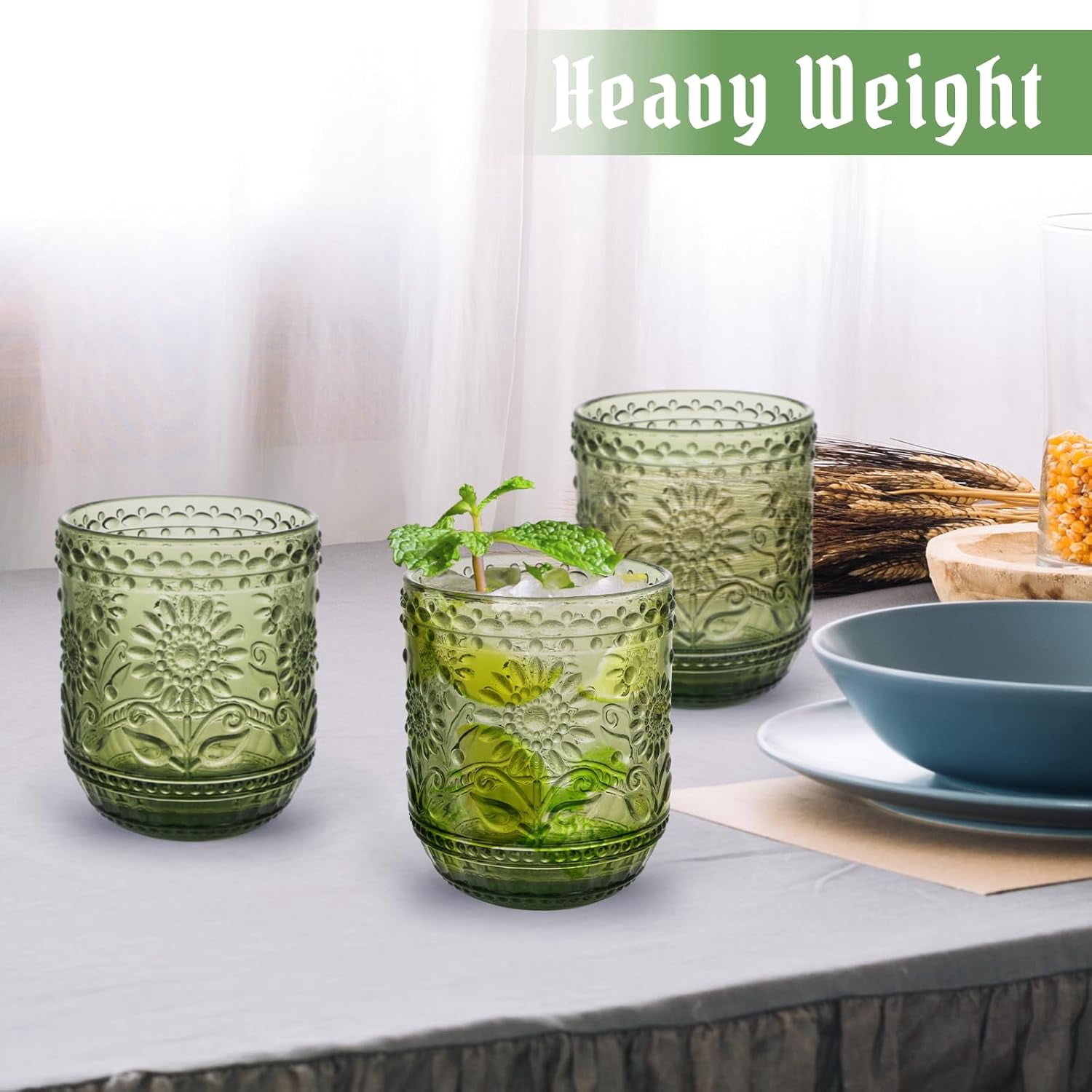 NANAHuang Vintage Drinking Glass Set of 4,12 oz Embossed Floral Drinkware Set,Green Drinking Glasses Cups Wine Glasses Colored Glassware for Whisky,Beer,Juice,Cocktail,Heavy Duty