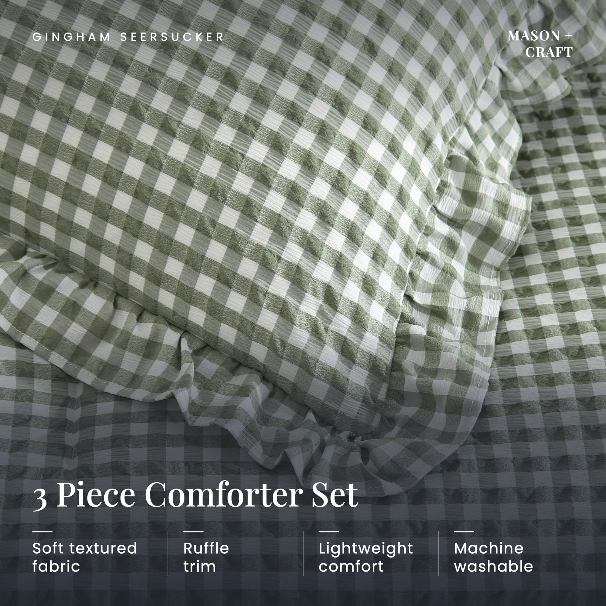 Mason & Craft 3 Piece Green Gingham Seersucker Comforter Set, King