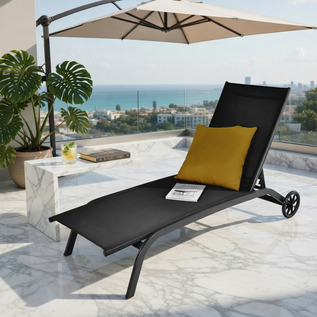 Hommoo 6-Position Adjustable Outdoor Chaise Lounge Chair with Smooth-Rolling Wheels, Steel Frame for Patio, Poolside & Backyard, Black