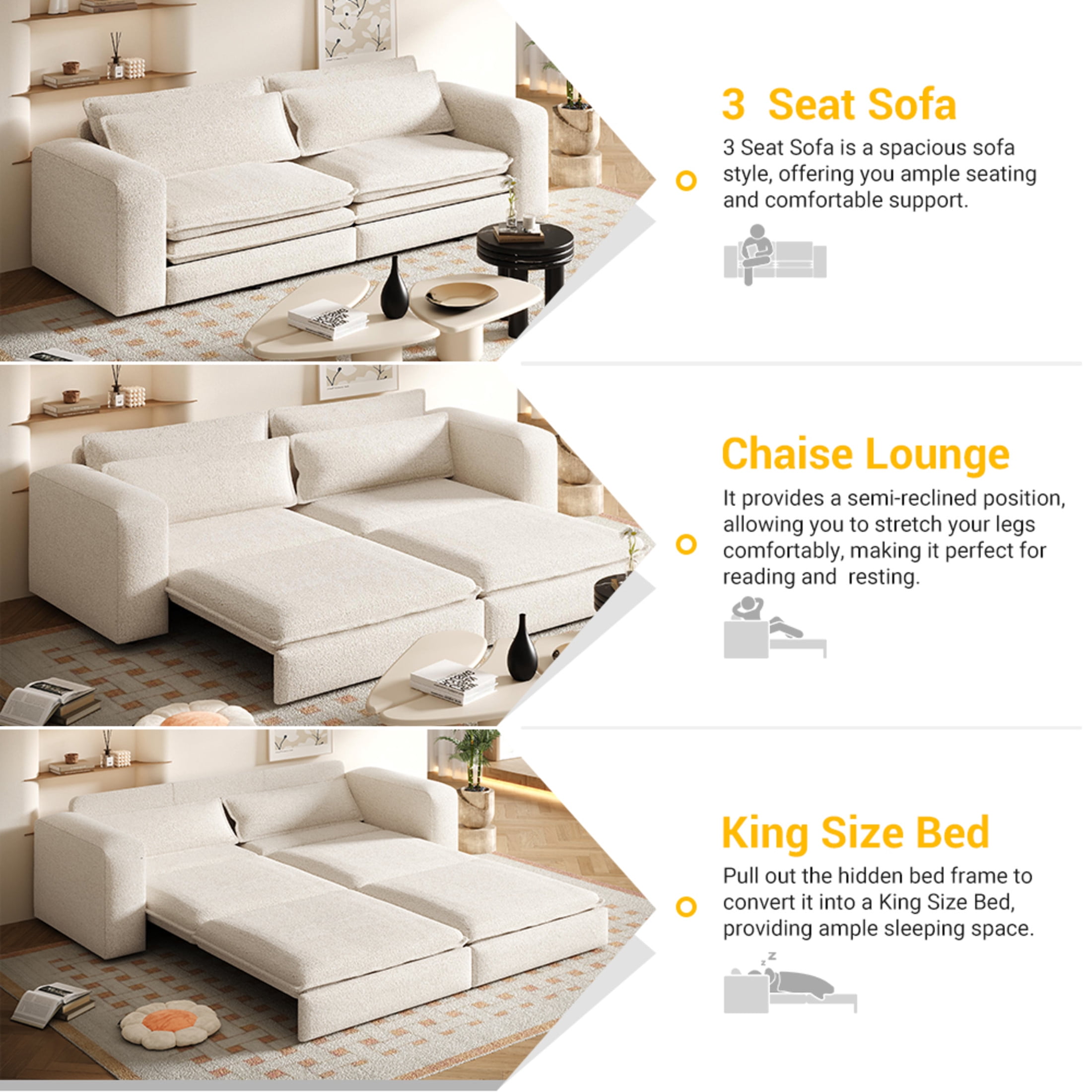 Noble House Rachel Convertible Sleeper Sofa Bed, Sherpa Fleece 3-Seat Pull Out Couch with Lumbar Pillows, Beige White