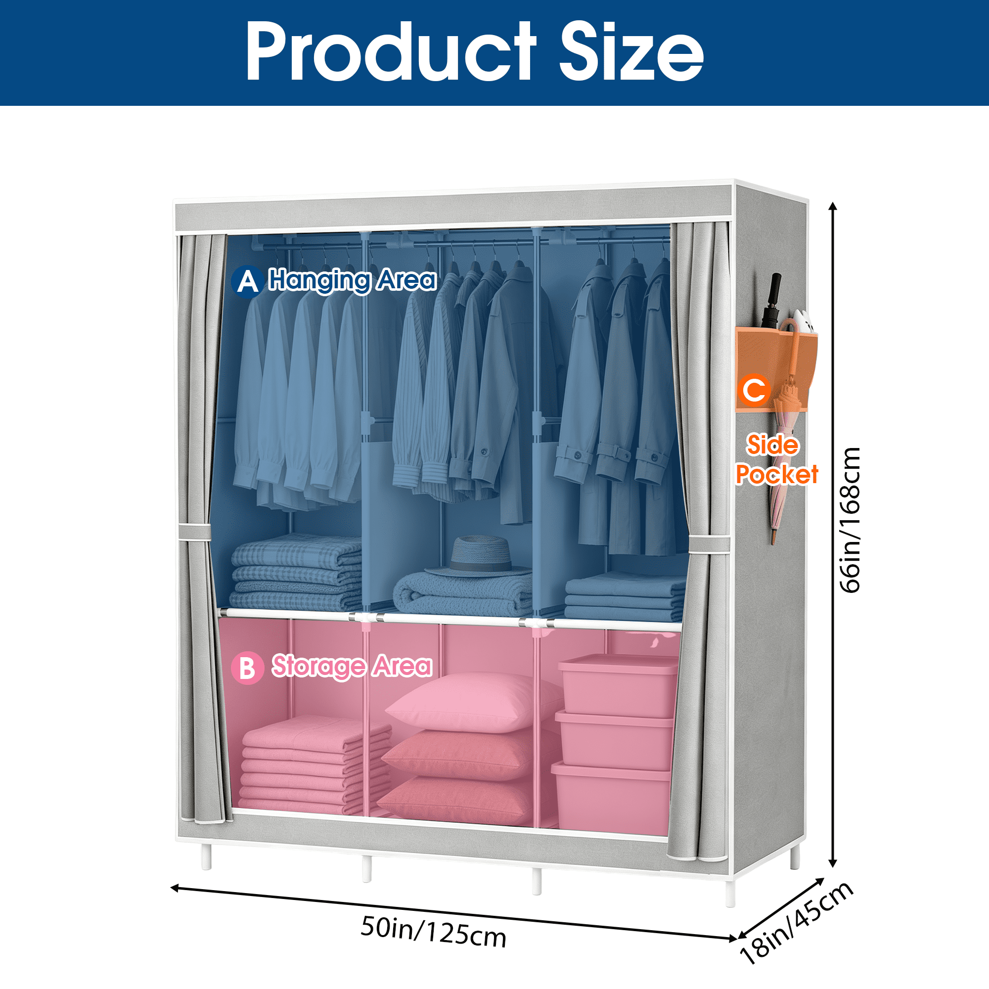 Portable Wardrobe, 50 Inch Freestanding Clothes Closet Organizer with 3 Hanging rods, 6 Storage Shelves and Side Pockets, Large Capacity Fabric Wardrobe for Bedroom