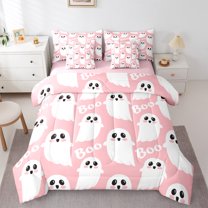 jejeloiu Spooky Ghost Bedding Comforter Set 7pcs,Halloween Theme Queen Bedding Sets,White Pink Queen Sheet Sets For Girls Boys,Super Cozy Room Decor Reversible