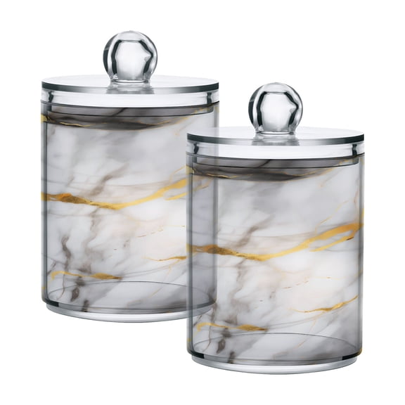 2 Pack Qtip Holder Dispenser White Grey Gold Marble Clear Plastic Storage Apothecary Jars for Cotton Swabs Balls Pads Floss