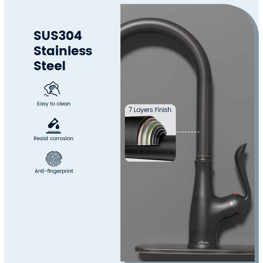 APPASO Oil Rubbed Bronze Kitchen Faucet, Stainless Steel Oil Rubbed Bronze High Arc Pull Out Kitchen Sink Faucets with Deck Plate and Soap Dispenser