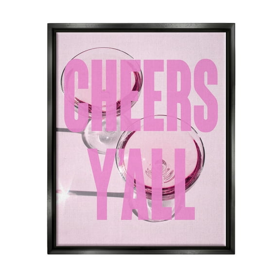 Stupell Industries Pink Cheers Y'all Phrase Food & Beverage Painting Black Floater Framed Canvas Art Print Wall Art, 17 x 21