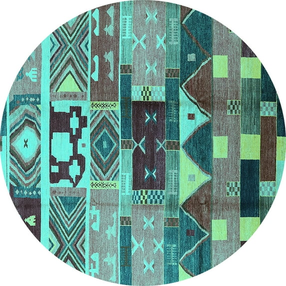 Ahgly Company Indoor Round Oriental Turquoise Blue Industrial Area Rugs, 7' Round