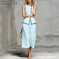 thumbnail image 4 of Karymi Womens Tops Dressy Casual 2 Piece Contrast Piping Outfit Set, Crew Neck Sleeveless Button Vest Top+Pleated Cuffed Cropped Wide Leg Capri Pants with Pockets Tops for Women Trendy, 4 of 6