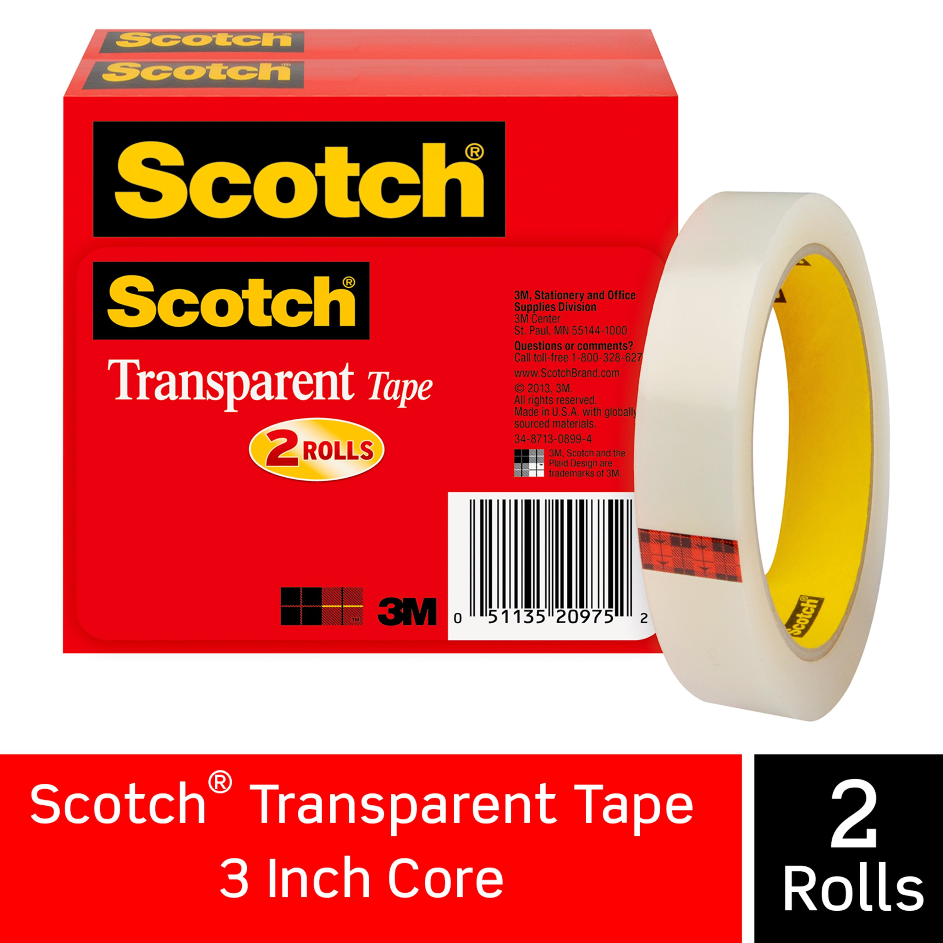 Scotch Transparent Tape, 3" Core, 0.75" x 72 yds, Transparent, 2/Pack